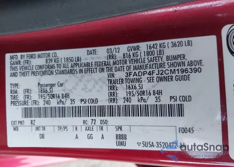 2012 Ford Fiesta Ses из США, поврежденный, VIN 3FADP4FJ2CM196390